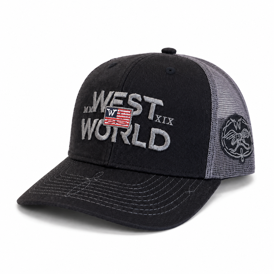 Boné West World Wanted 3D Embroidery — Preto e Cinza