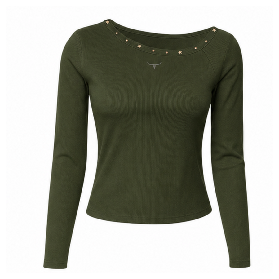 Blusa feminina Moiadeiros manga longa verde militar