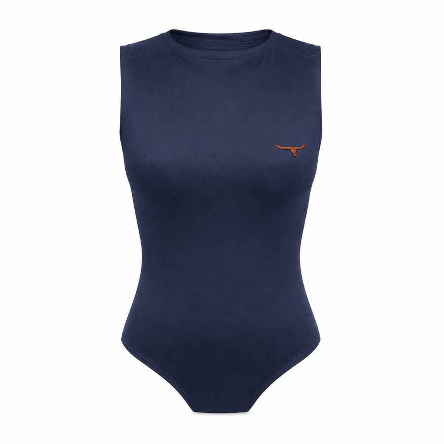 Body Moiadeiros sem mangas azul-marinho em fundo branco