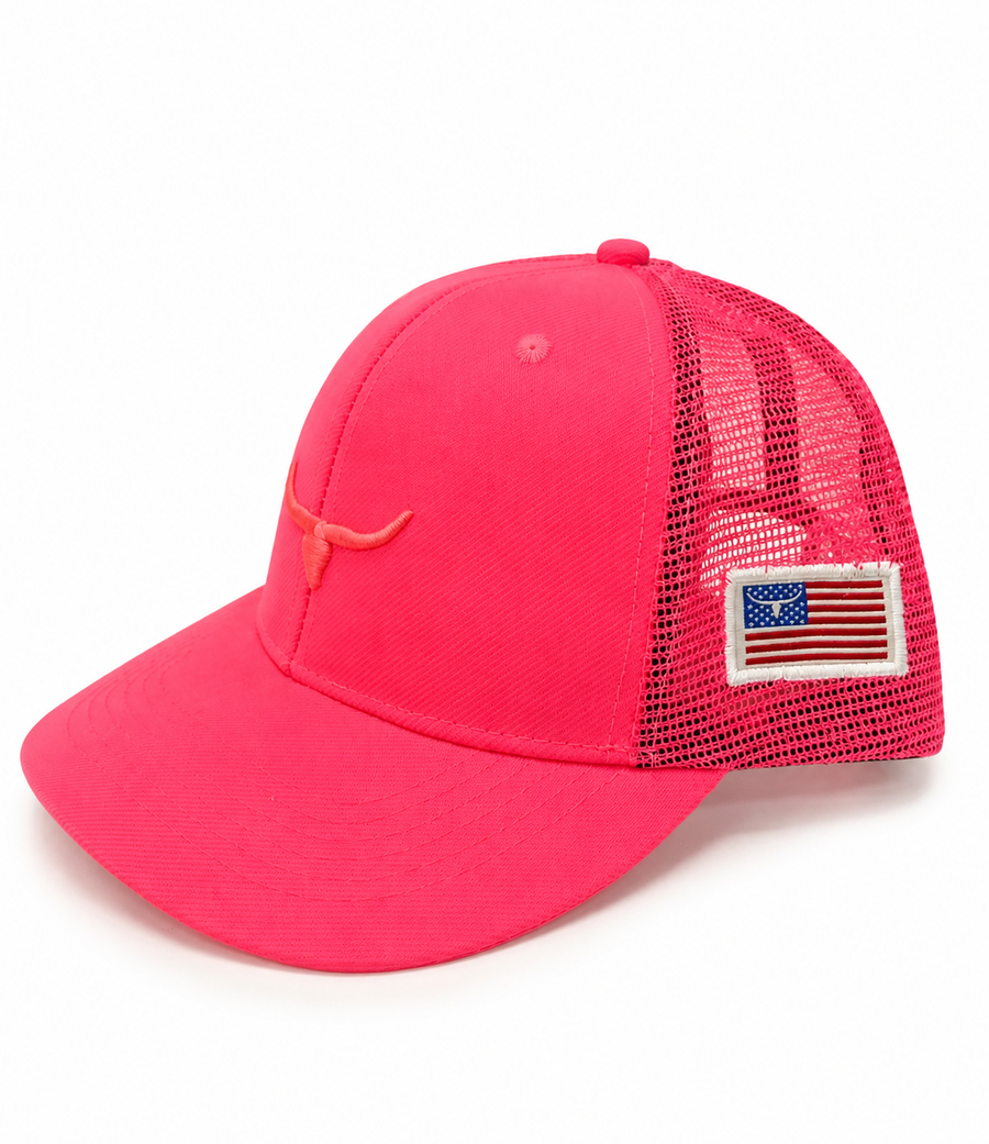 Boné Moiadeiros rosa neon trucker com bandeira lateral
