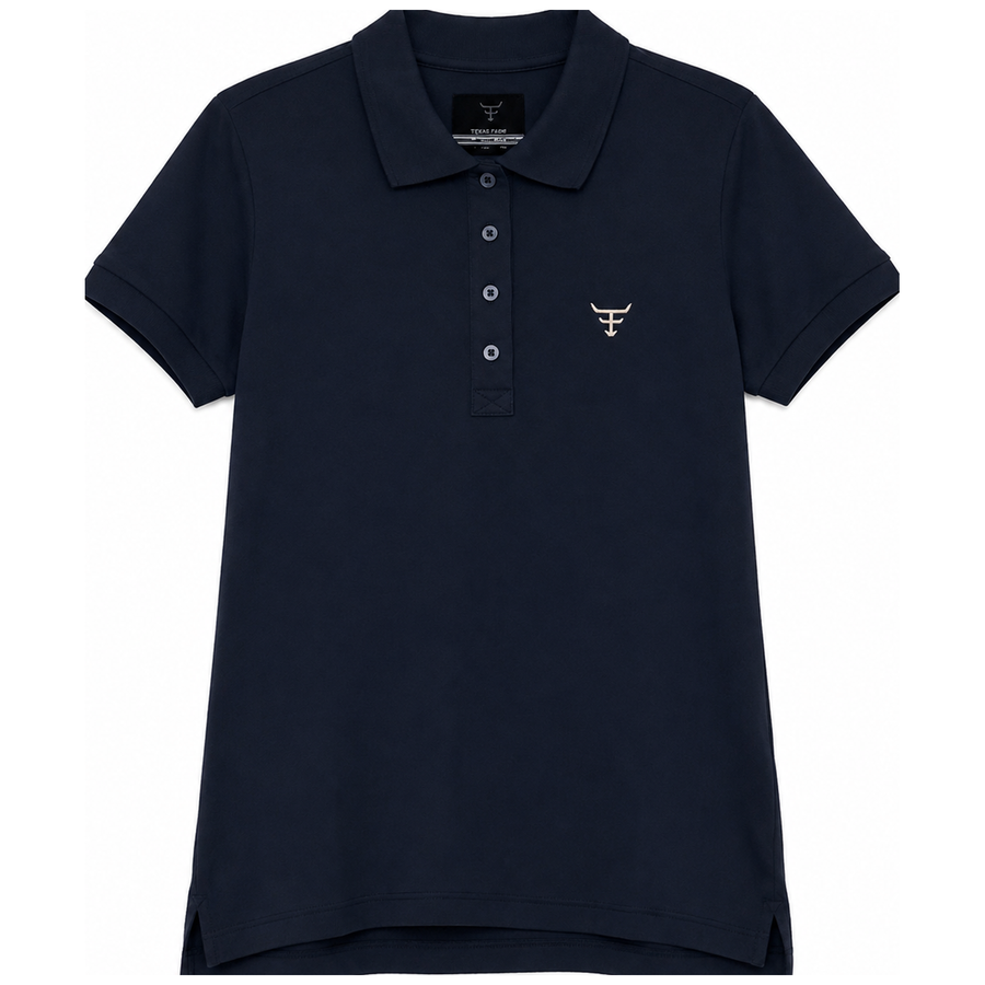 Camisa Polo Feminina Texas Farm Azul-Marinho em fundo totalmente branco