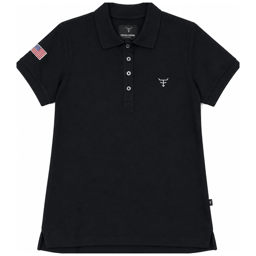 Camisa Polo Feminina Texas Farm Preta em fundo totalmente branco