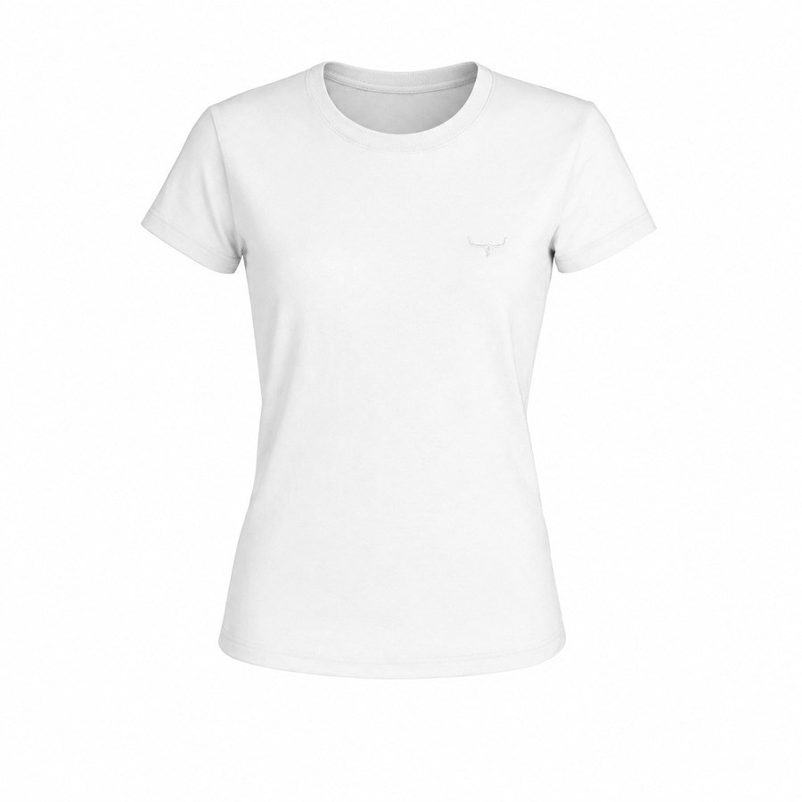 Camiseta básica feminina Moiadeiros branca em fundo branco