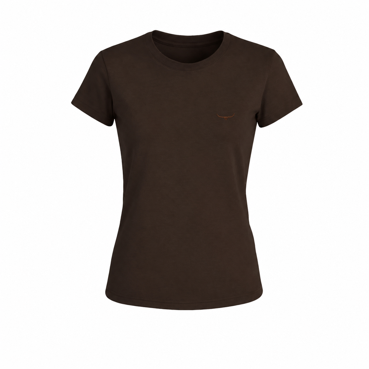 Camiseta básica feminina Moiadeiros marrom em fundo branco
