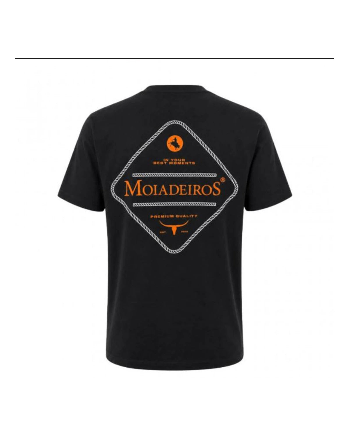Costas da camiseta Moiadeiros preta Premium em fundo branco