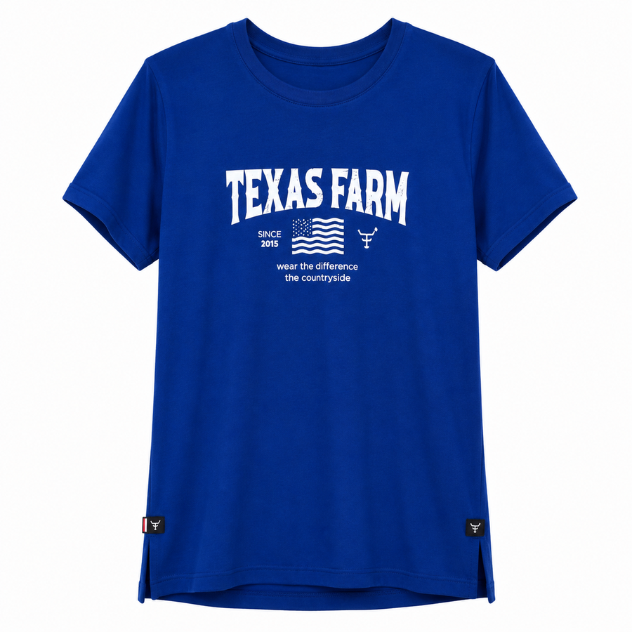 Camiseta Texas Farm azul royal Bandeira EUA — foto tratada em fundo branco