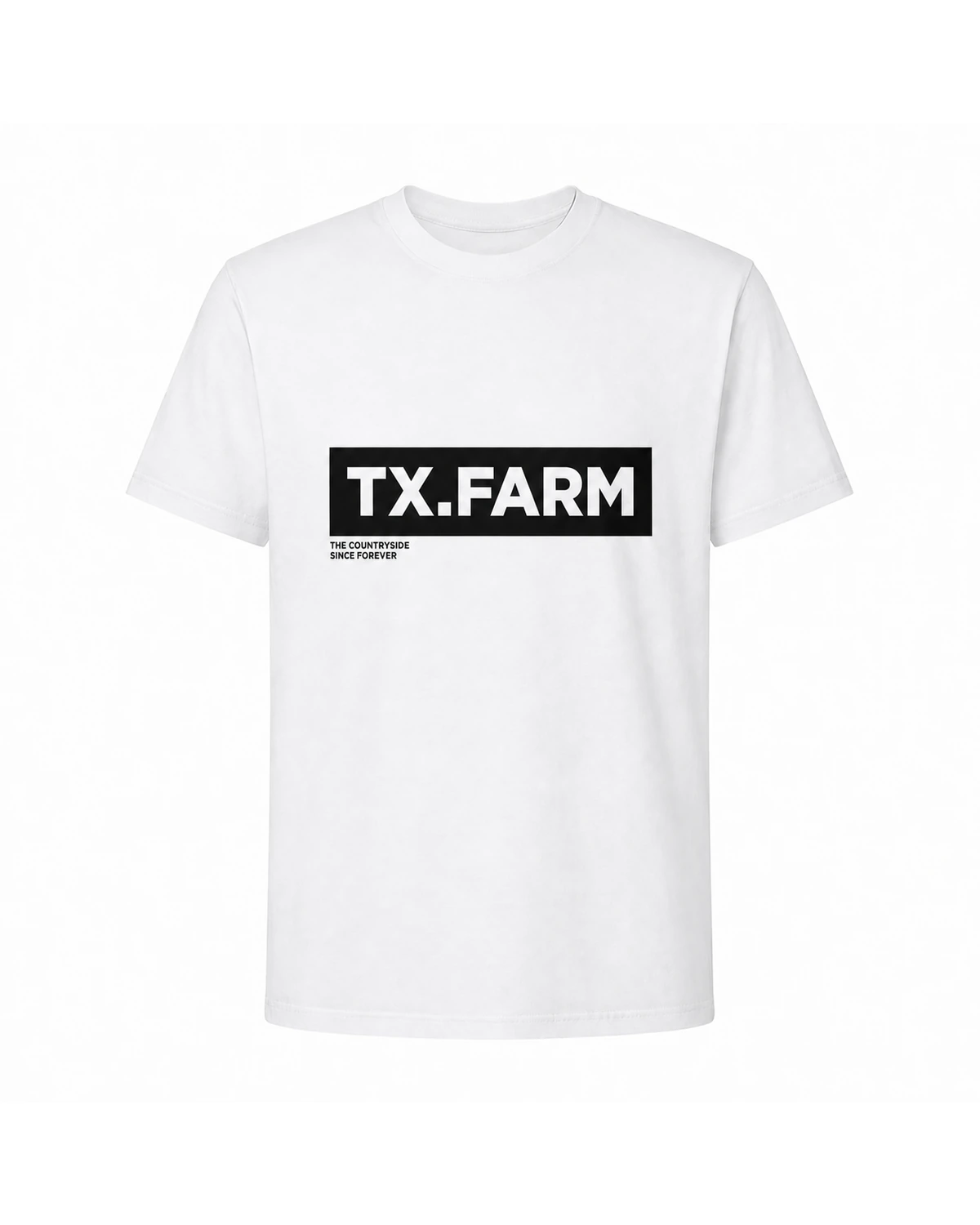 Camiseta Texas Farm branca Marca em Bloco — vista frontal com logo alinhado
