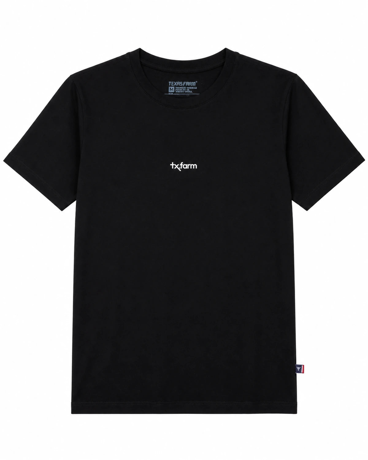 Camiseta Texas Farm preta Coluna Branca — vista frontal em fundo branco
