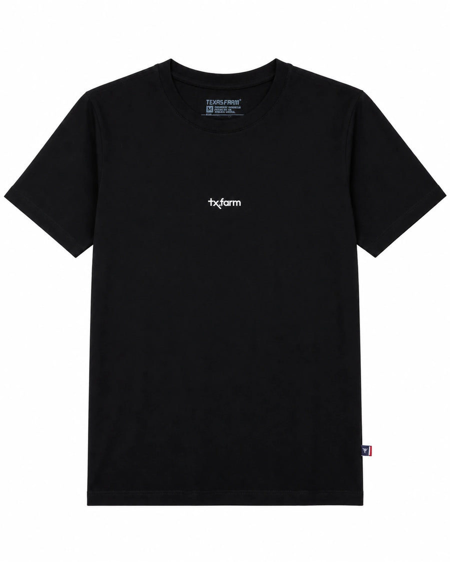 Camiseta Texas Farm preta Coluna Branca — vista frontal em fundo branco