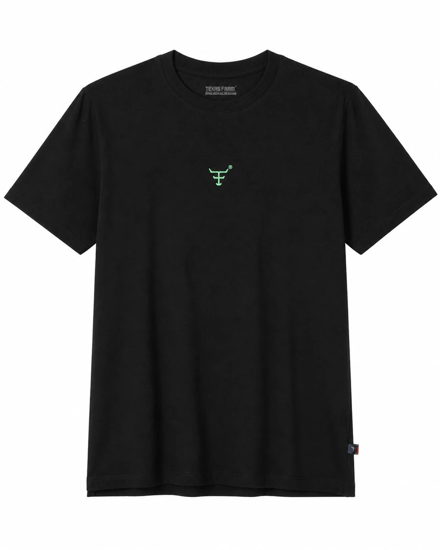 Camiseta Texas Farm preta Coluna Verde — vista frontal em fundo branco