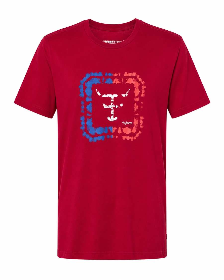 Camiseta Texas Farm vermelha com estampa — vista frontal sem etiqueta em fundo branco