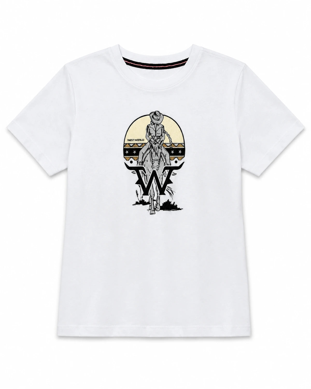 Camiseta West World branca com estampa de cavaleira, vista frontal