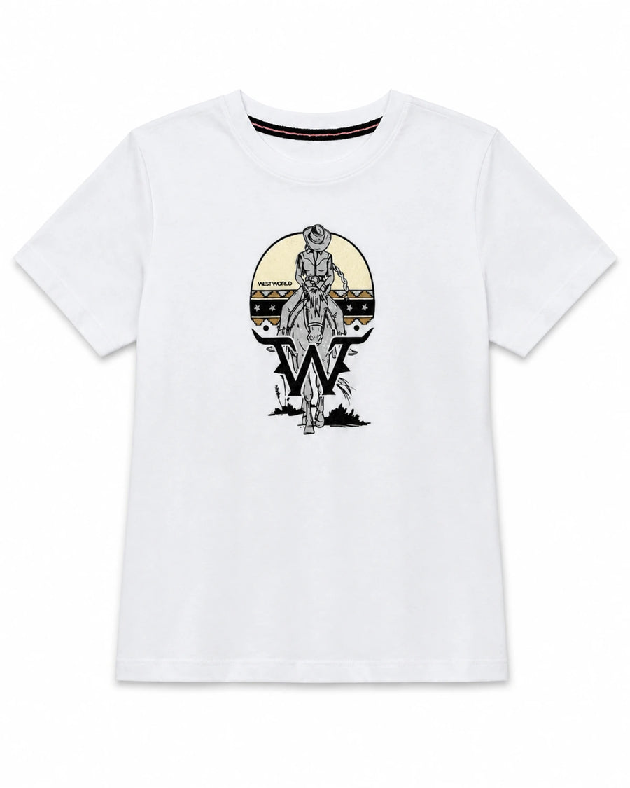 Camiseta West World branca com estampa de cavaleira, vista frontal