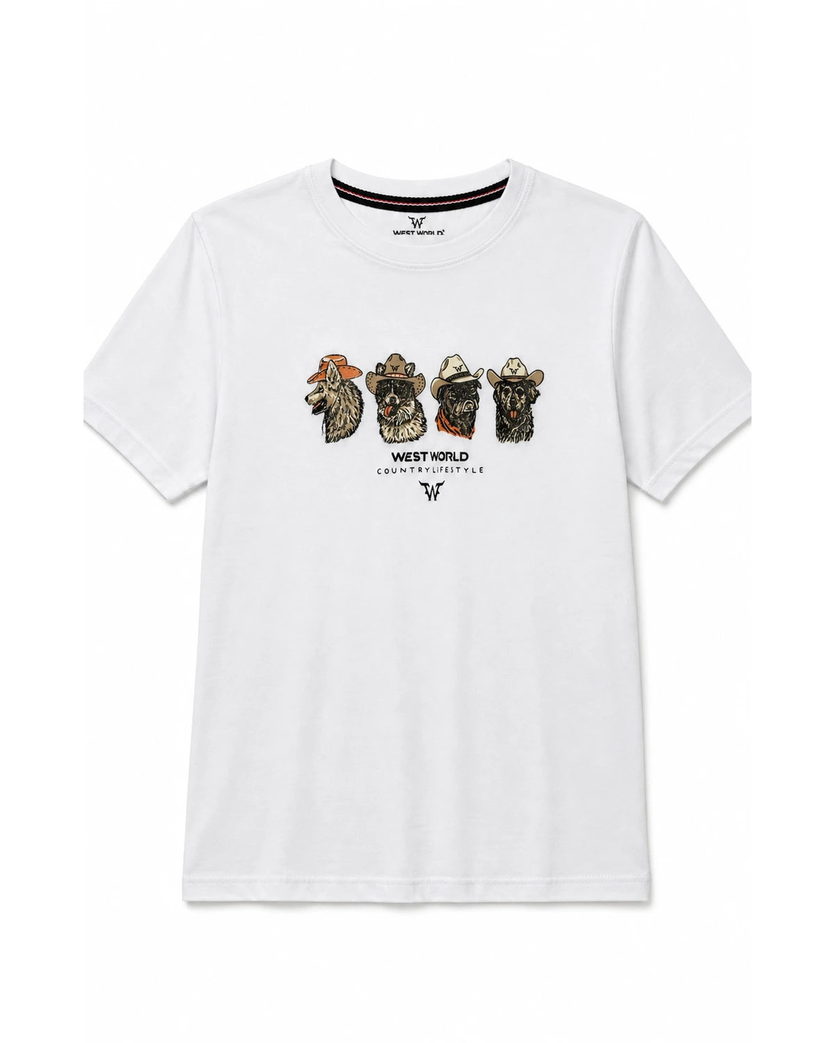 Camiseta West World branca com estampa de quatro cães country, vista frontal