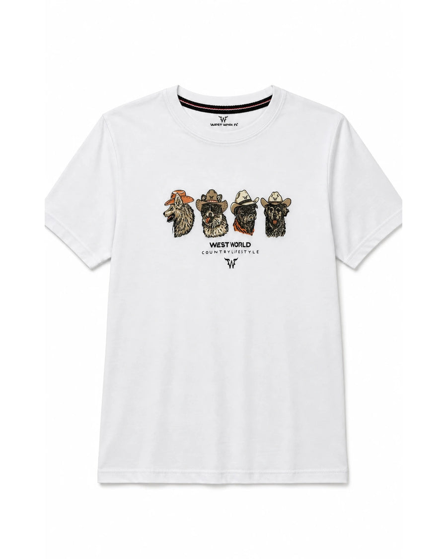 Camiseta West World branca com estampa de quatro cães country, vista frontal