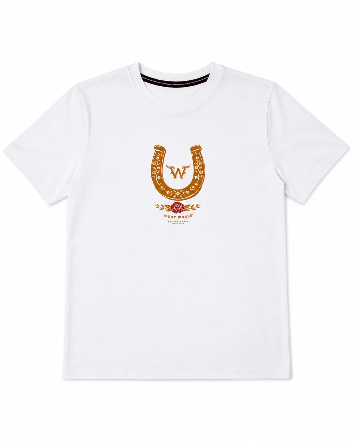 Camiseta West World branca com estampa de ferradura, vista frontal