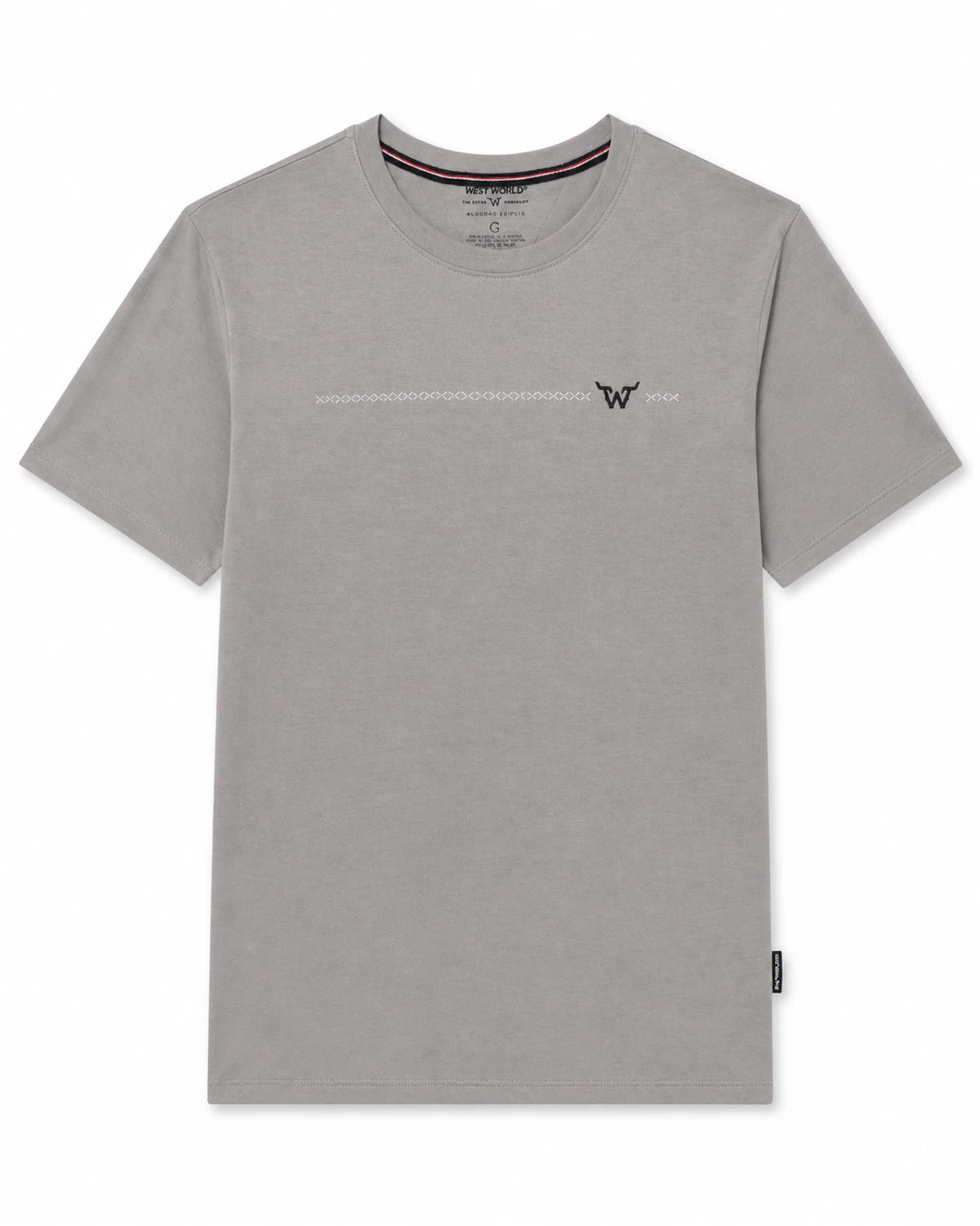 Camiseta West World cinza com bordado minimalista, vista frontal