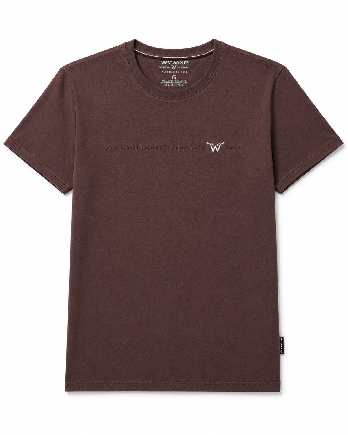 Camiseta West World marrom com bordado minimalista, vista frontal