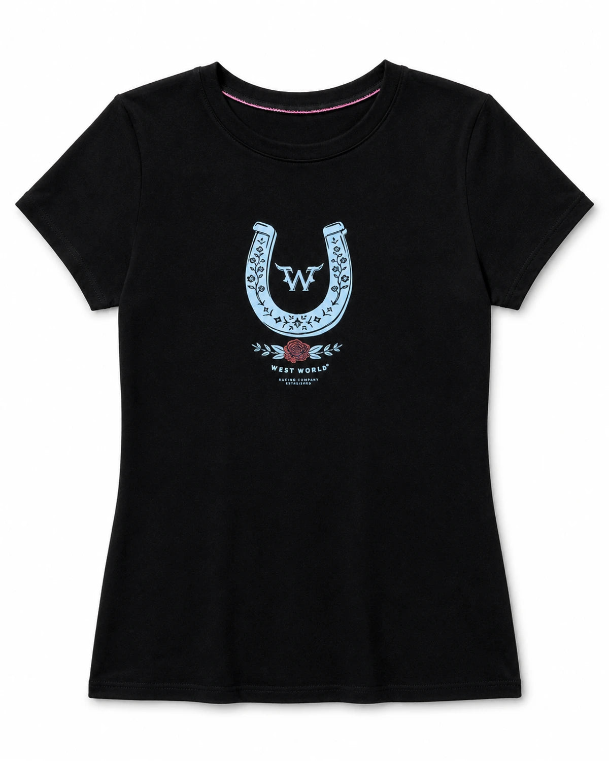 Camiseta feminina West World preta com estampa de ferradura azul, vista frontal