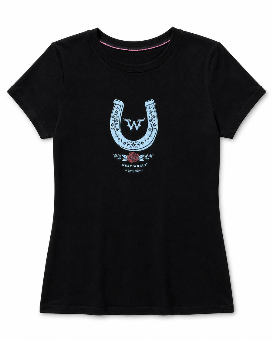 Camiseta feminina West World preta com estampa de ferradura azul, vista frontal