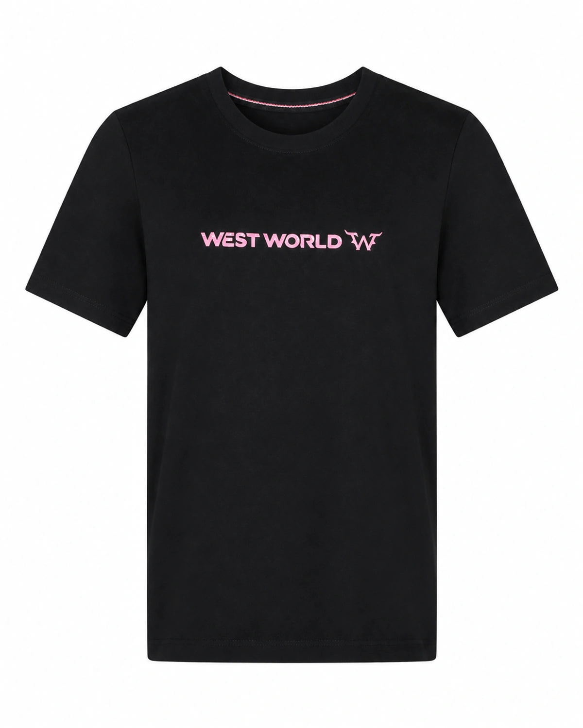 Camiseta West World preta com marca rosa frontal