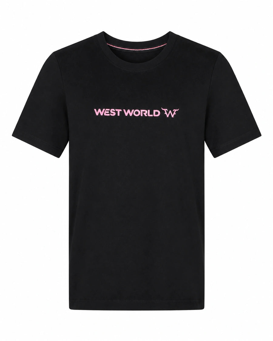 Camiseta West World preta com marca rosa frontal