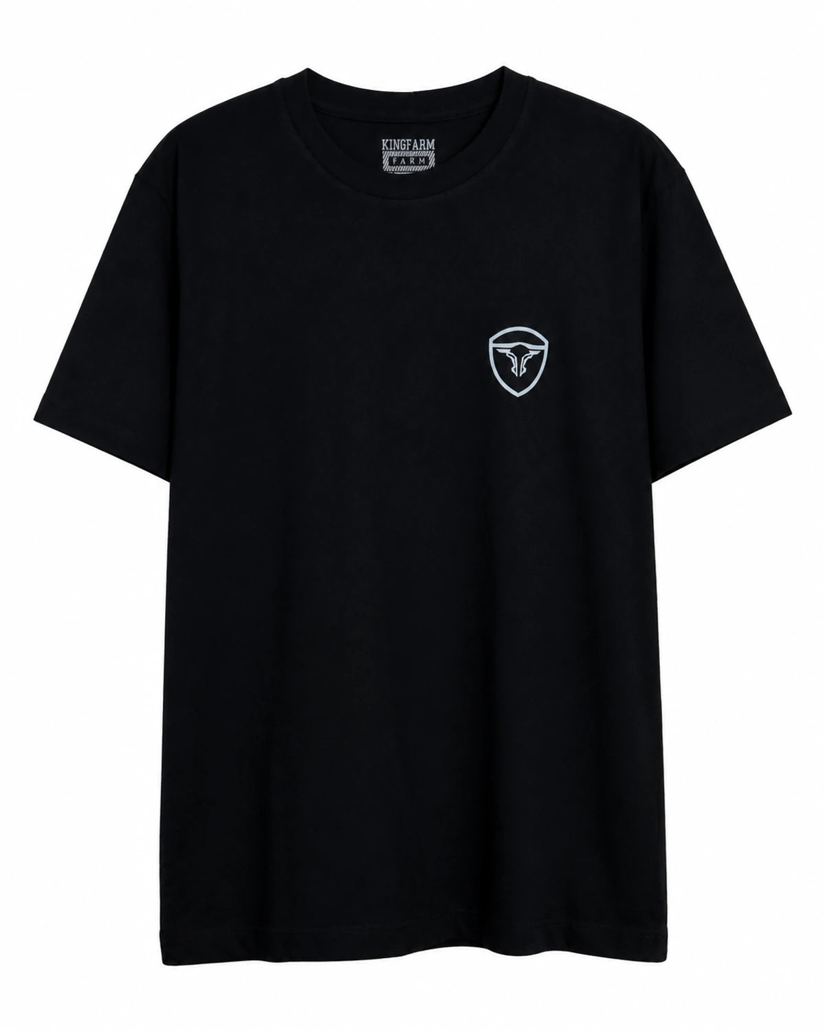 Camiseta King Farm preta com escudo branco — frente