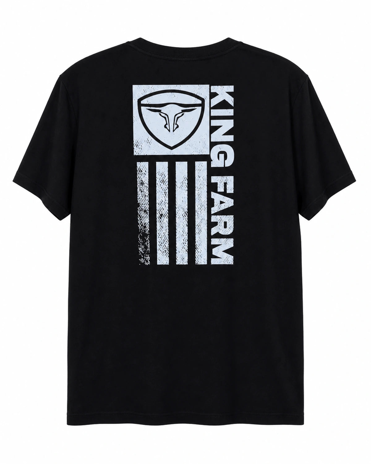 Camiseta King Farm preta com estampa vertical branca — costas