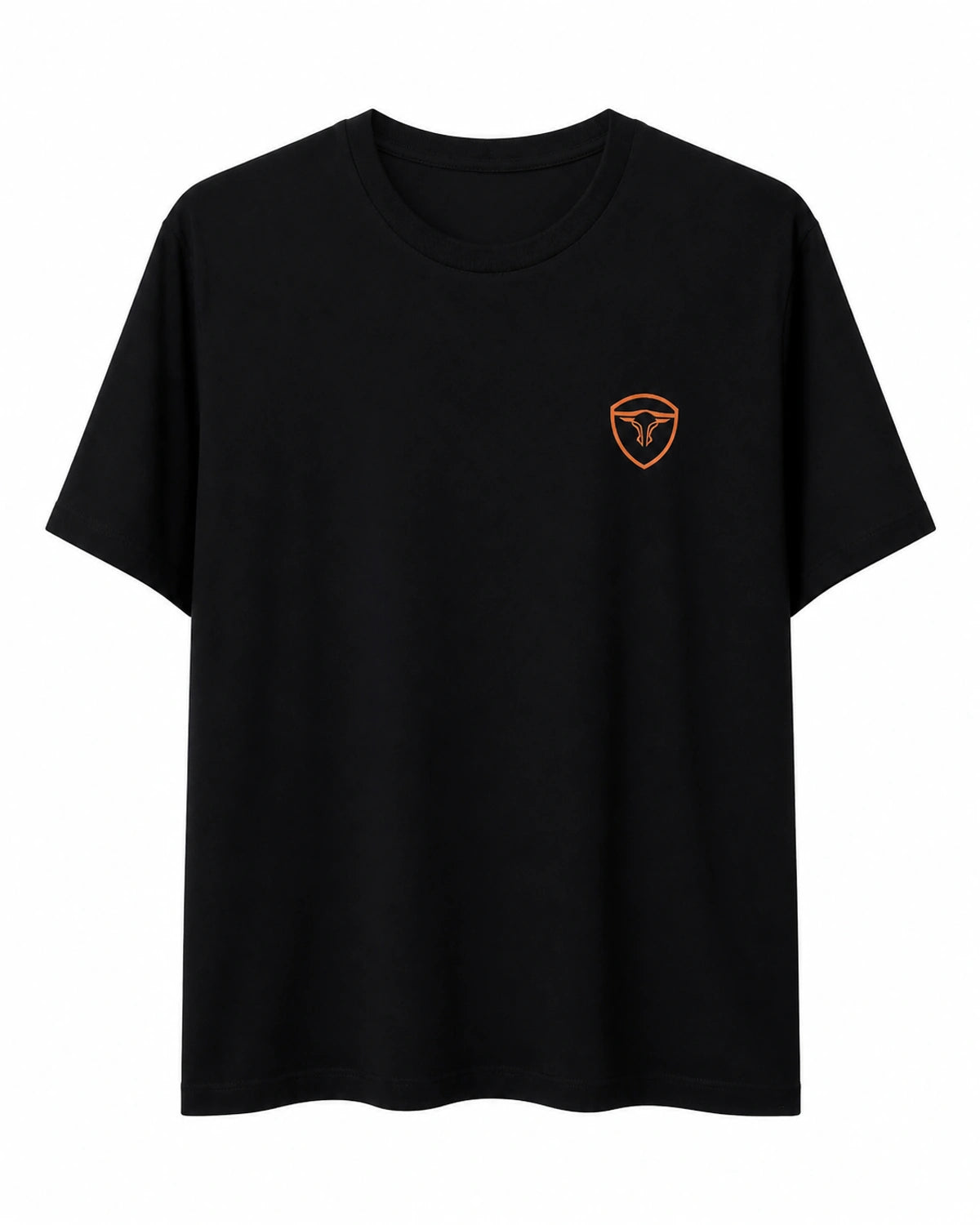 Camiseta King Farm preta com escudo laranja — frente