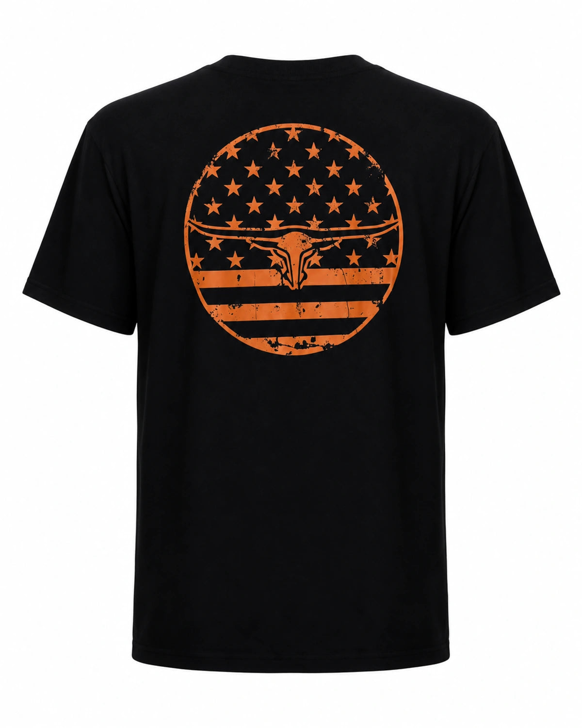 Camiseta King Farm preta com estampa country laranja — costas