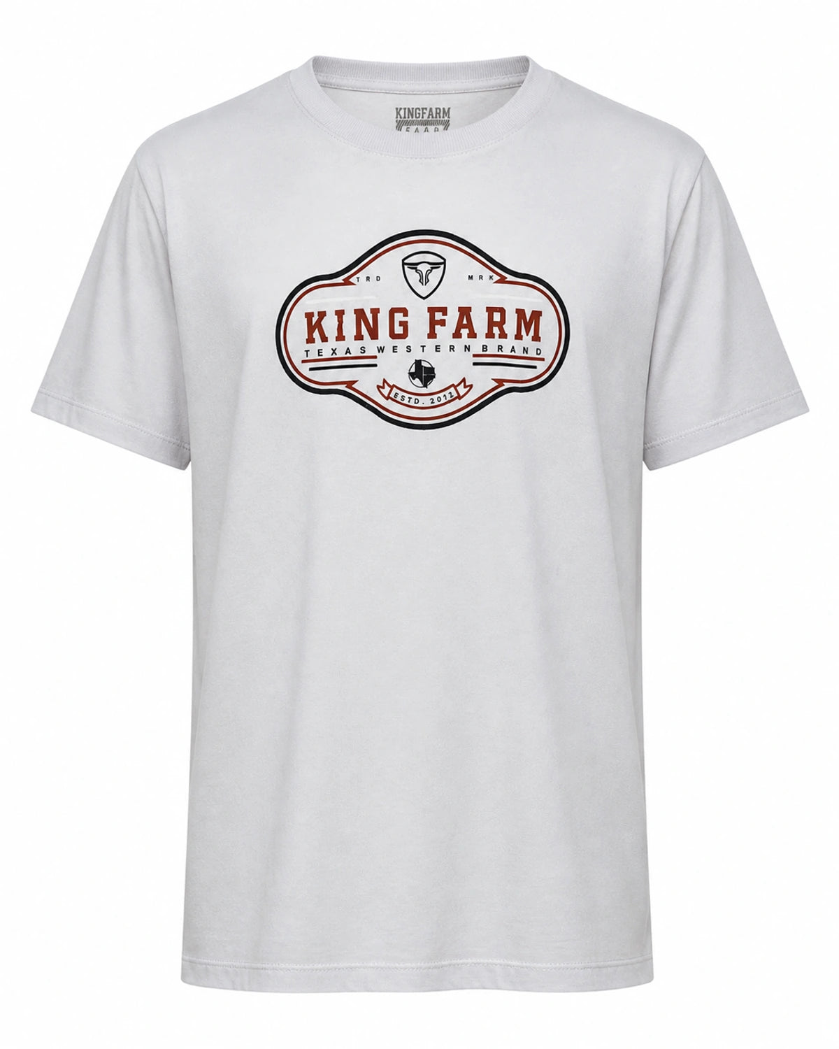 Camiseta King Farm cinza-clara com emblema western — frente