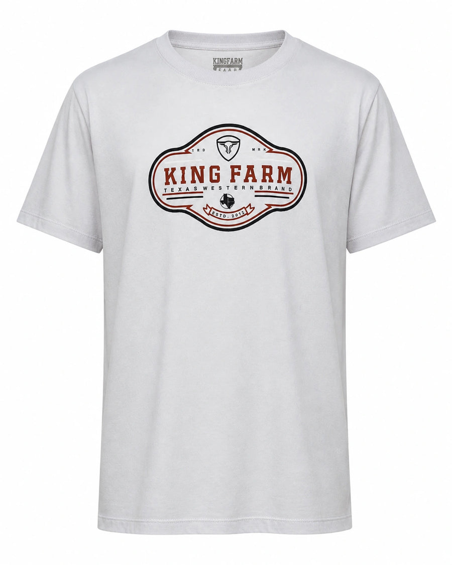 Camiseta King Farm cinza-clara com emblema western — frente