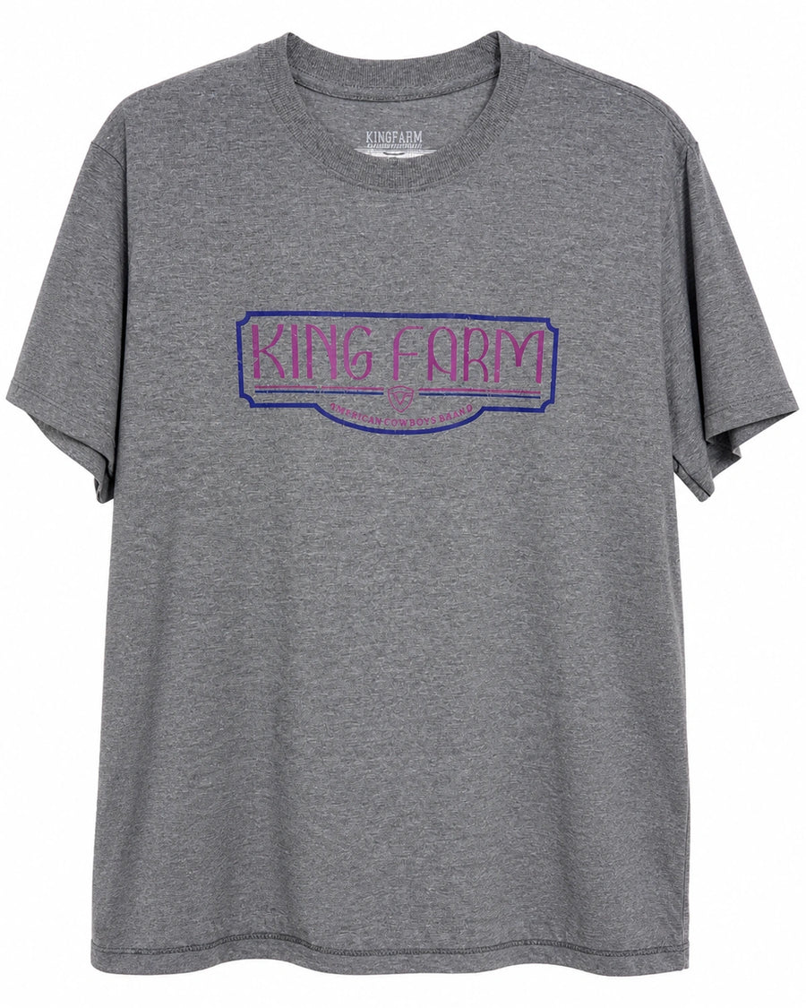 Camiseta King Farm cinza mescla com logo multicolorido — frente