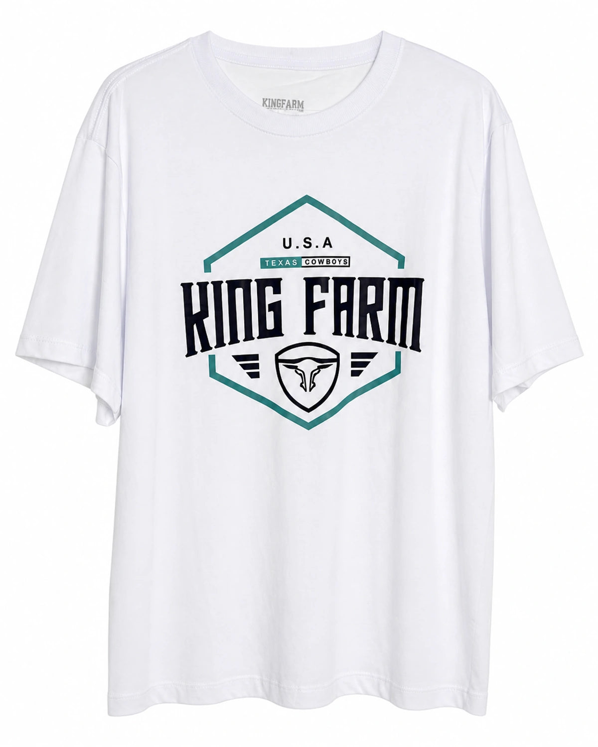 Camiseta King Farm branca com brasão USA verde — frente