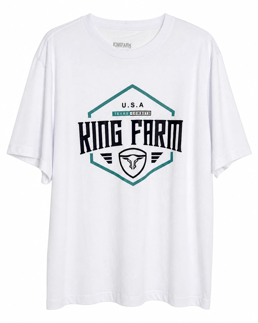 Camiseta King Farm branca com brasão USA verde — frente