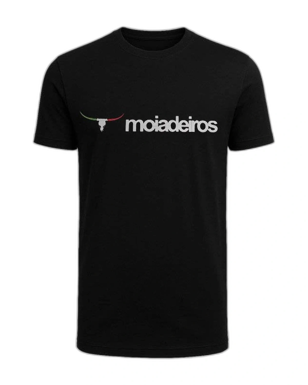 Camiseta Moiadeiros Logo — Preta — vista frontal em fundo branco