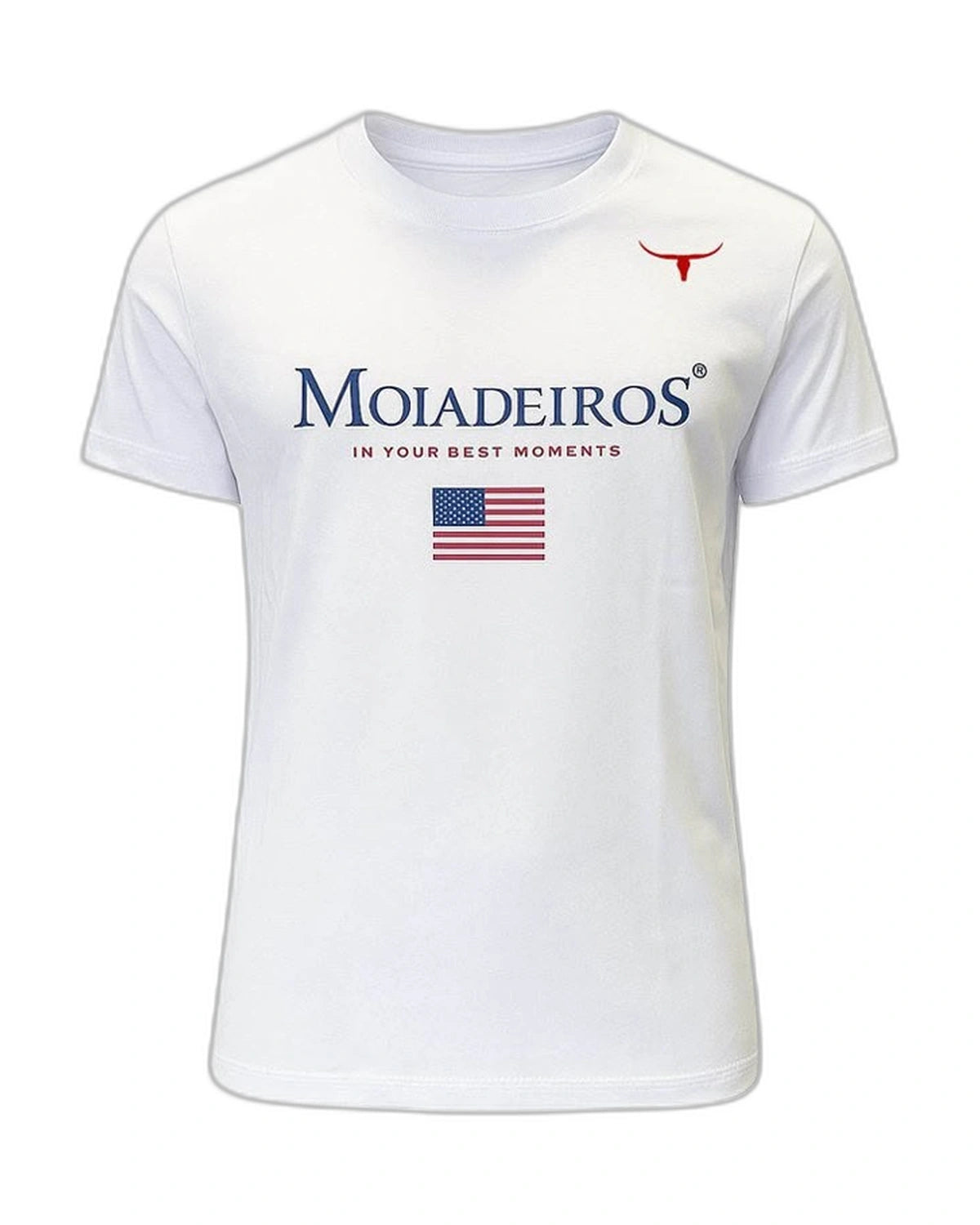 Camiseta Moiadeiros Bandeira — Branca — vista frontal em fundo branco