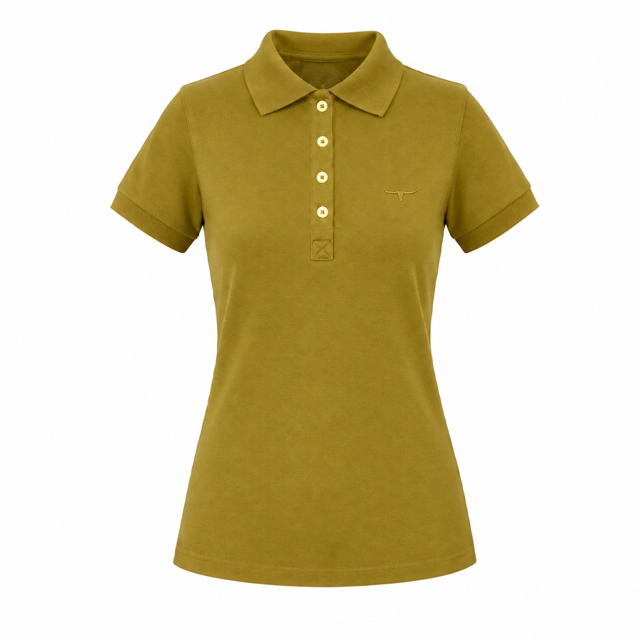 Polo feminina Moiadeiros mostarda em fundo branco