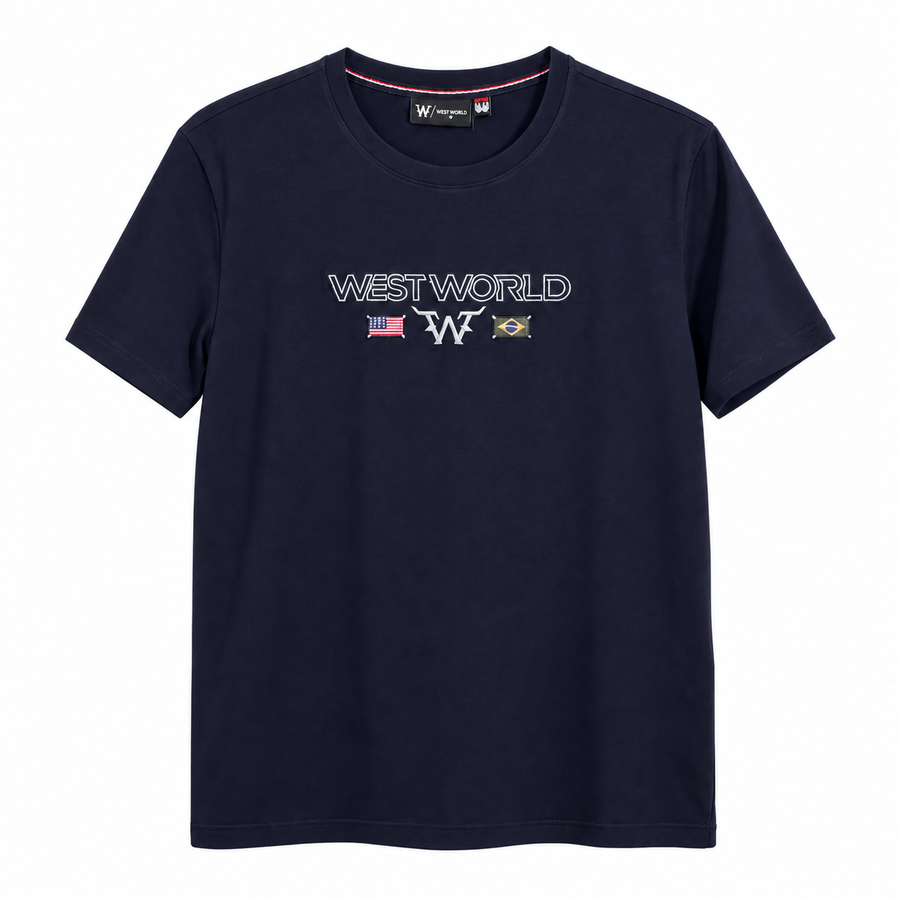 Camiseta West World Bandeiras Brasil e EUA — Marinho