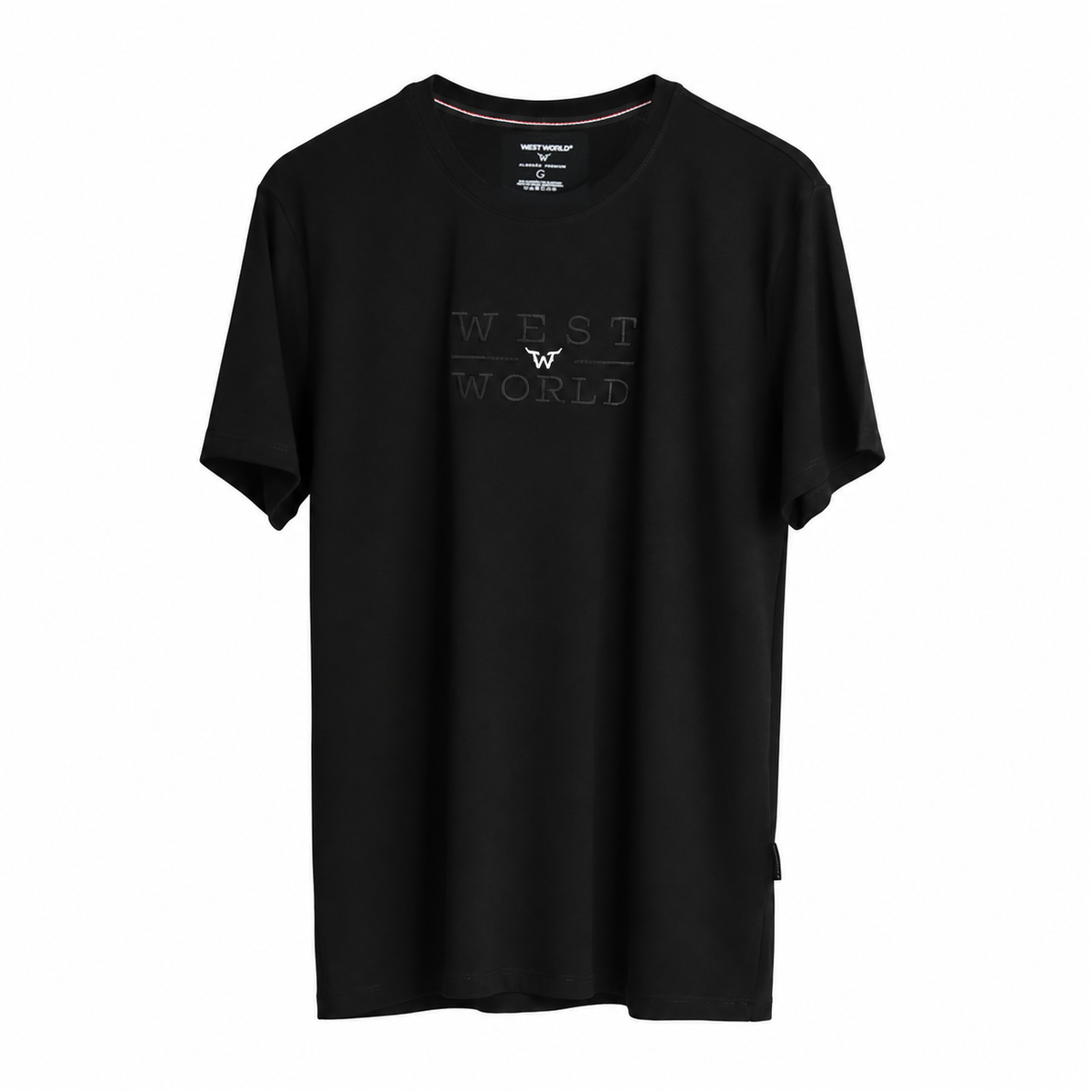 Camiseta West World Logo em Bloco preta — foto de catálogo, amostra do fabricante