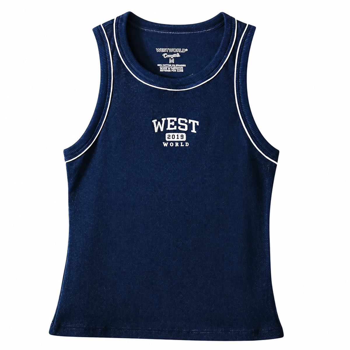 Regata West World azul-marinho com logo central em fundo branco