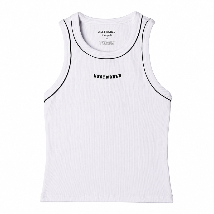 Regata West World branca com lettering em fundo branco