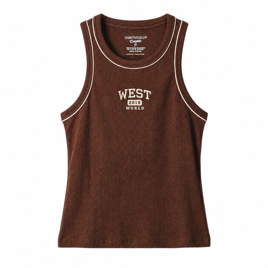 Regata West World marrom com logo central em fundo branco