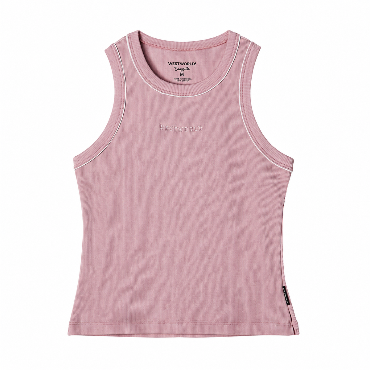 Regata West World rosa com lettering tonal em fundo branco