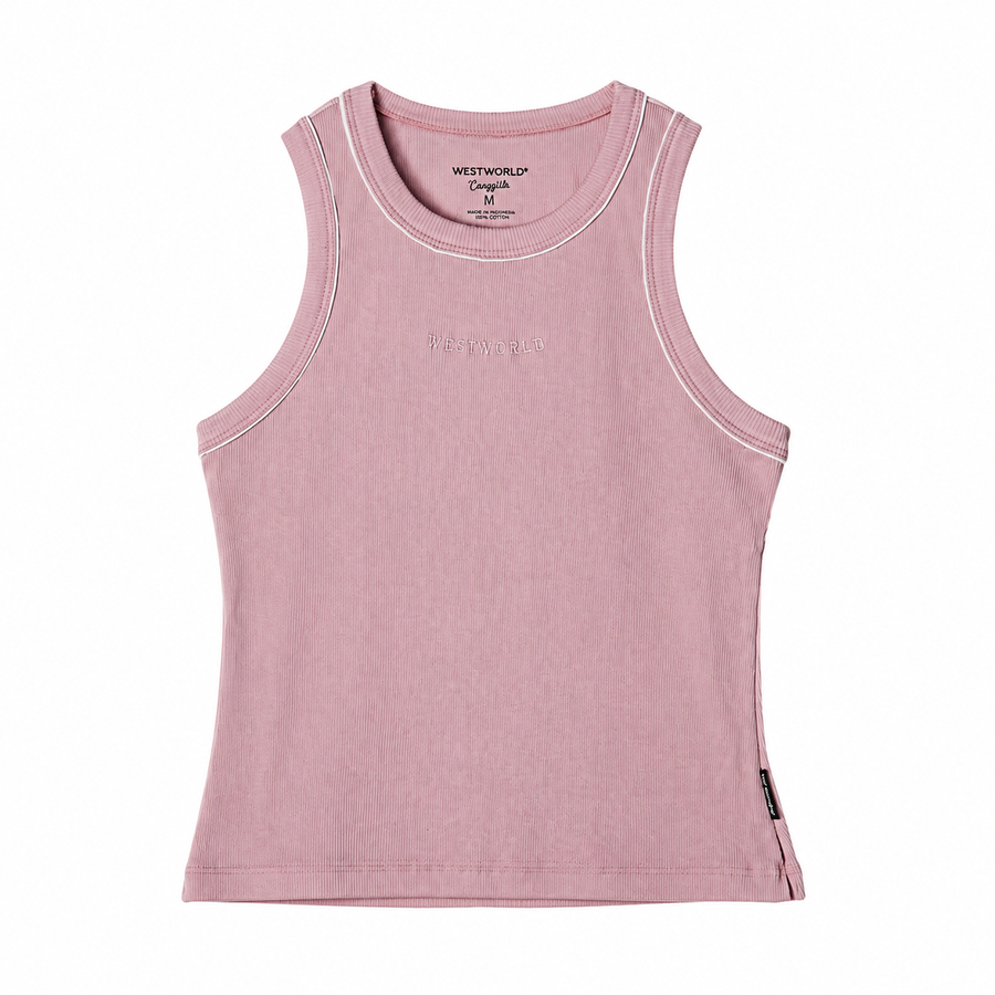 Regata West World rosa com lettering tonal em fundo branco