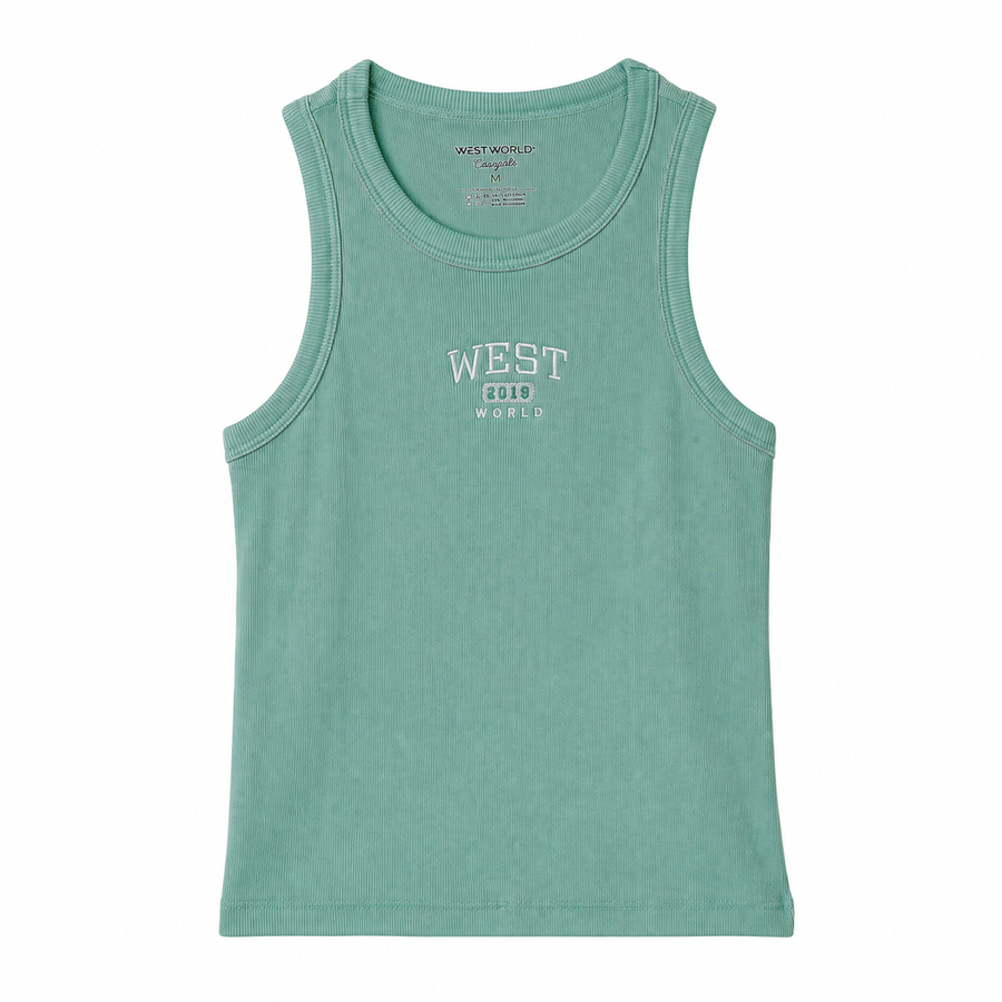 Regata West World verde água com logo central em fundo branco