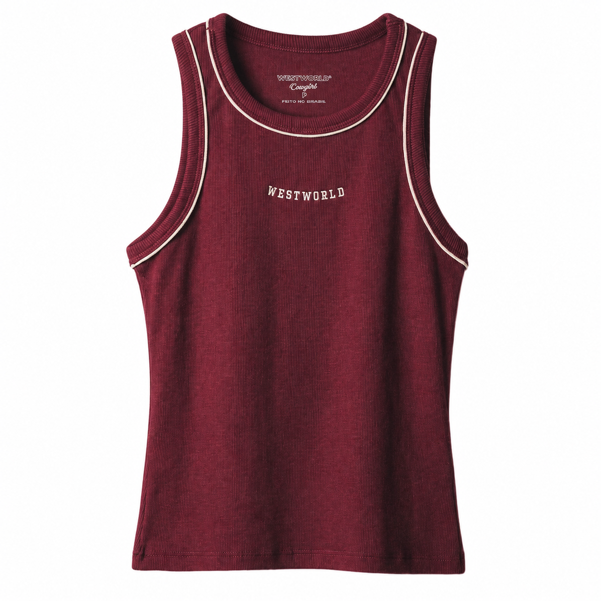 Regata West World vinho com lettering em fundo branco