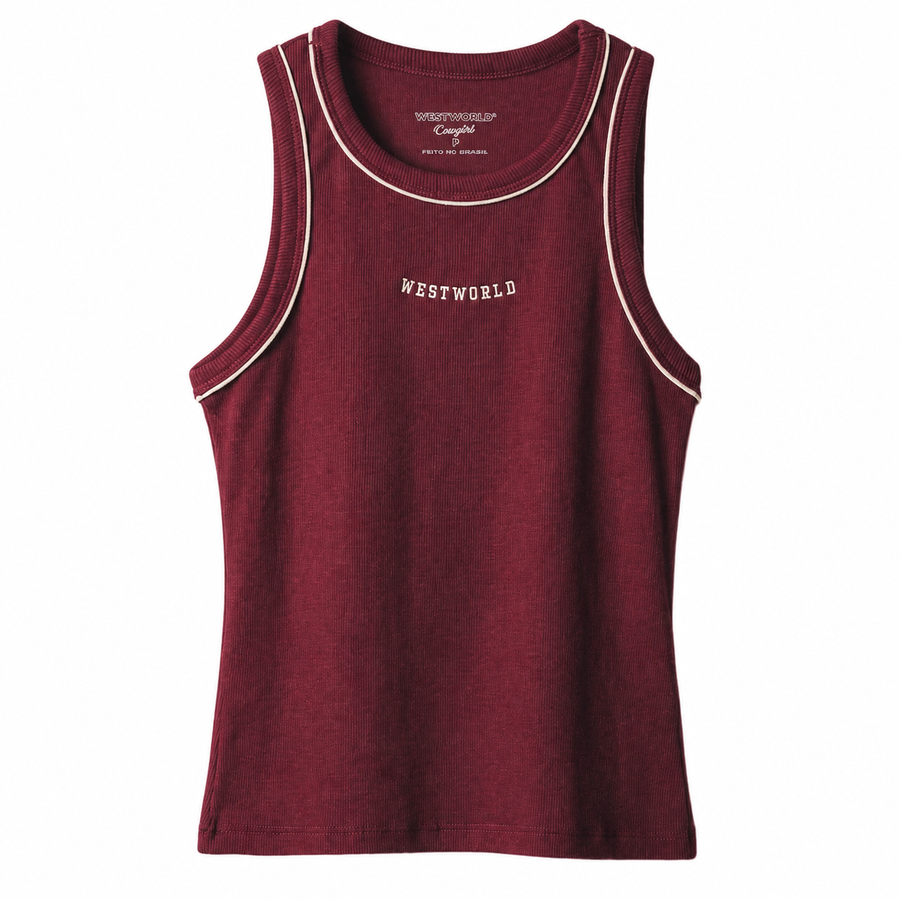Regata West World vinho com lettering em fundo branco