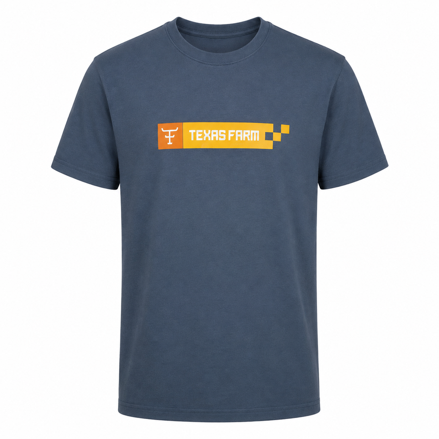 Camiseta Texas Farm Cinza Azulada Faixa Laranja — foto tratada