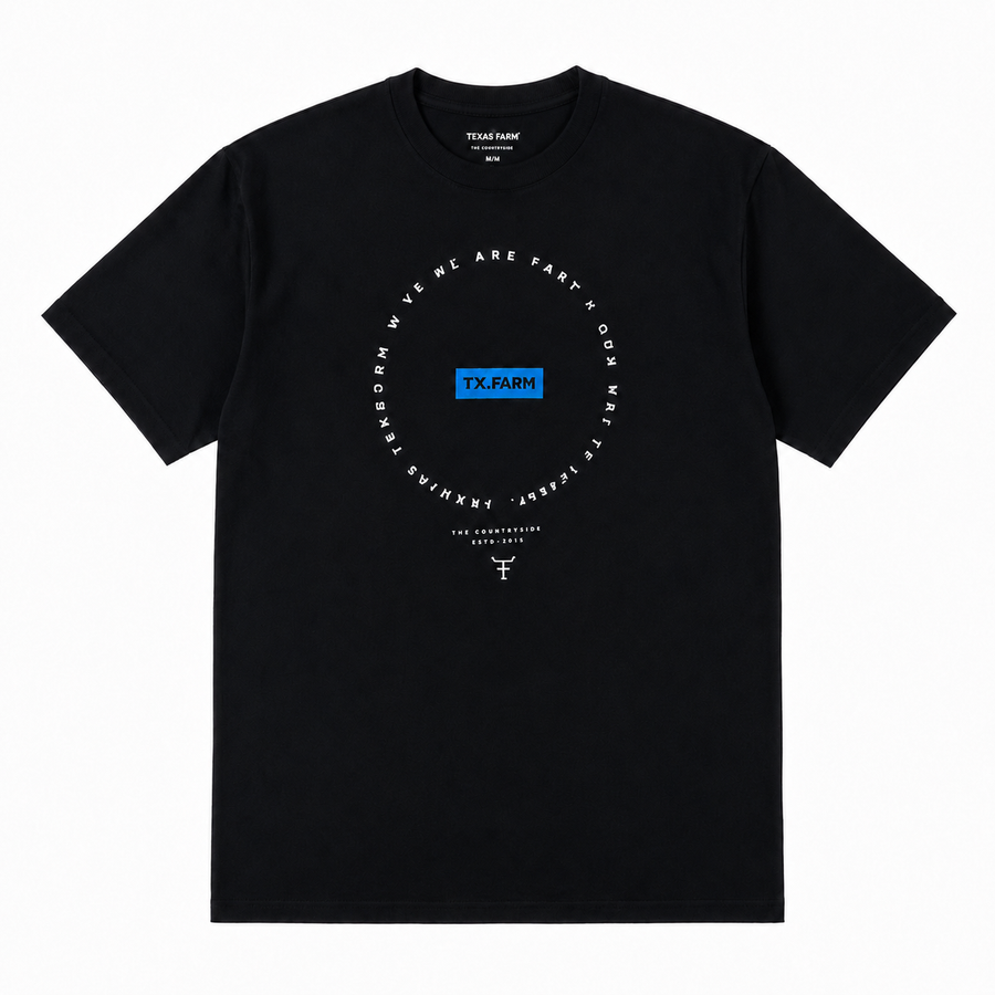 Camiseta Texas Farm Preta Gráfico Circular — foto tratada